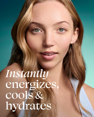 Woman with text 'Instantly energizes, cools & hydrates' on a gradient background