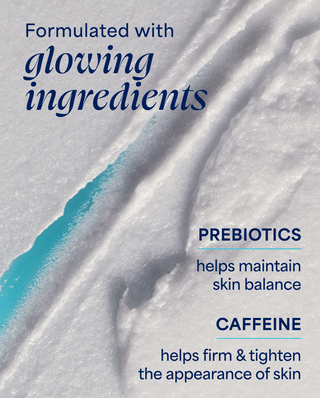 Product packaging with text about glowing ingredients, prebiotics, and caffeine for skin care.