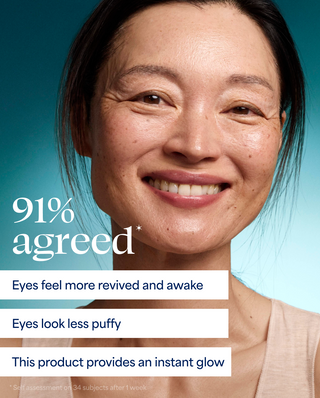 Woman with a smile on her face against a blue gradient background, with text about product effects.