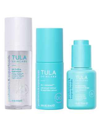 Tula Skincare products including a serum, cream, and dropper on a white background