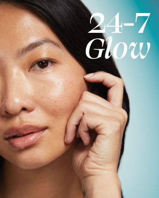 Woman touching her face with a blue background and '24-7 Glow' text