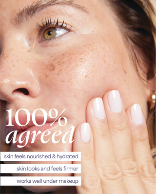 Close-up of a woman's face with text highlighting skin care product benefits
