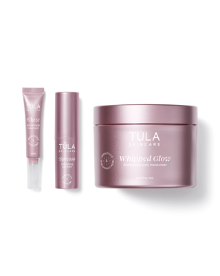 Tula skincare products including a jar, tube, and bottle on a white background