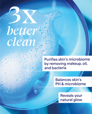 Product packaging with blue liquid and bubbles, featuring text about cleaning and skin care benefits.