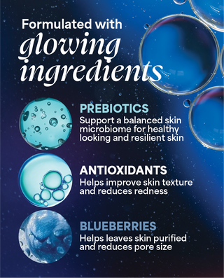 Advertisement for skincare product with blue bubbles and text about glowing ingredients.