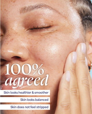 Close-up of a person's face with text indicating skin health benefits