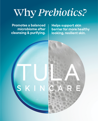 Tula Skincare advertisement about prebiotics with a blue and gray background.