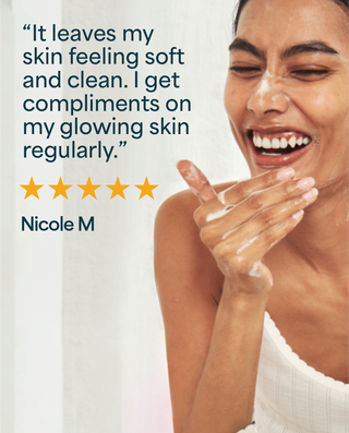 Woman applying cream with a five-star rating and review text on a white background