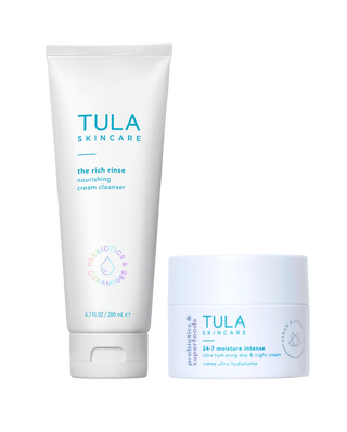 Tula Skincare Rich Rinse Cleanser and 24-7 Moisture Intense on a transparent background