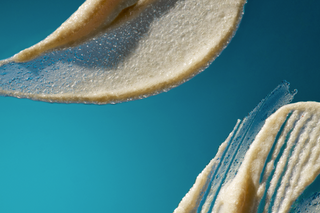 Close-up of a textured beige object against a blue background